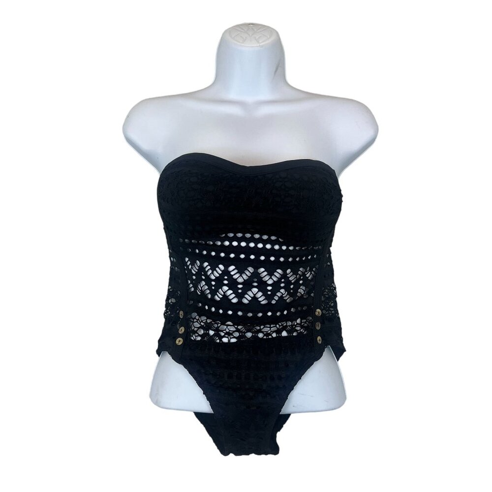 NWOT Elegant Black Crochet One-Piece Swimsuit With Wood Button Detail Sz Small